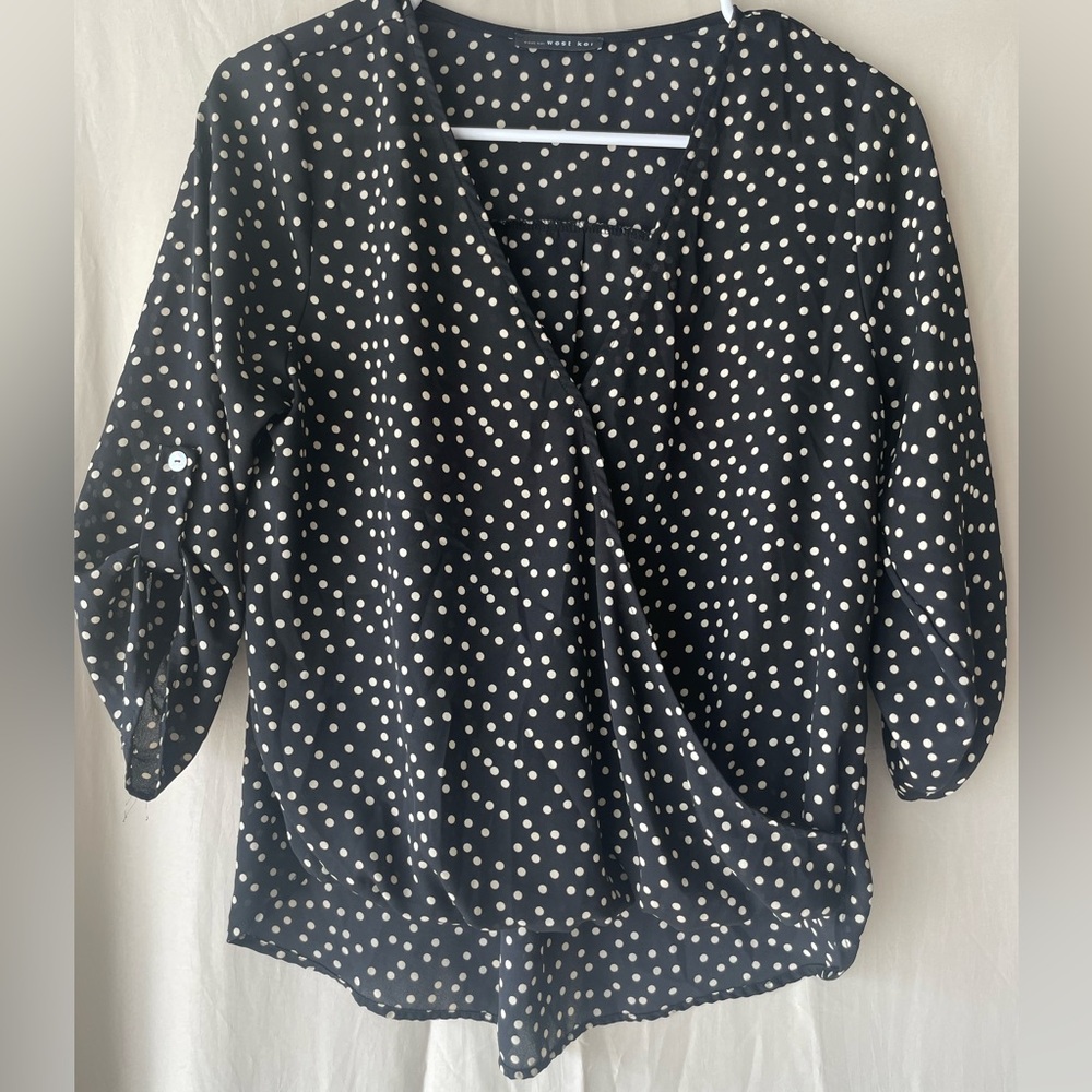 West Kei Black Wrap Blouse with 3/4 Sleeves